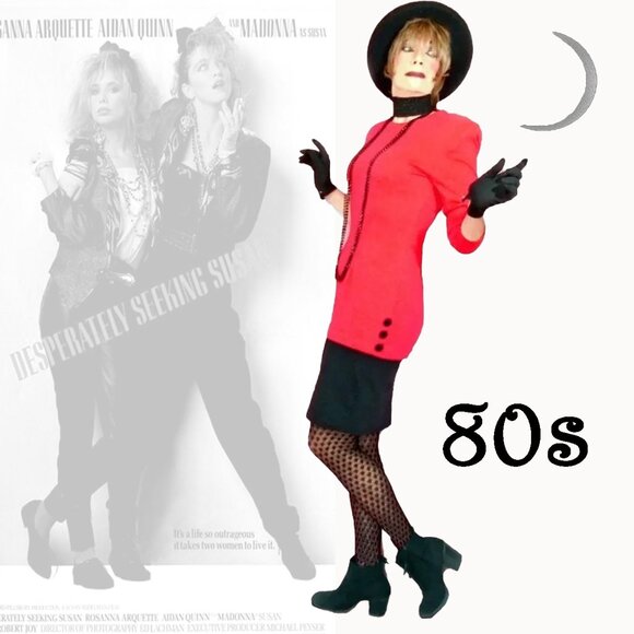 Vintage Dresses & Skirts - Red Black Dress, Bodycon Colorblock Knit Sheath with Sleeves - 80s Vintage